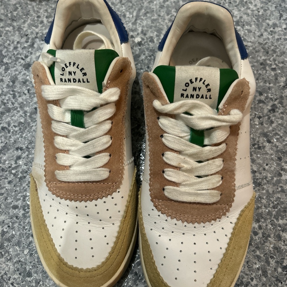 Loeffler Randall White and Tan Sneakers with Blue Accents
